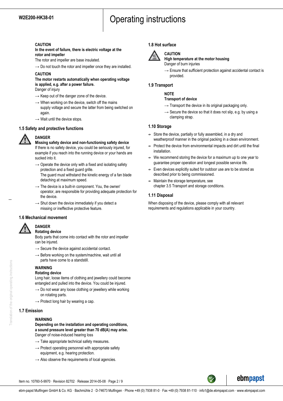 Operating instructions | ebm-papst W2E200-HK38-01 User Manual | Page 2 / 9