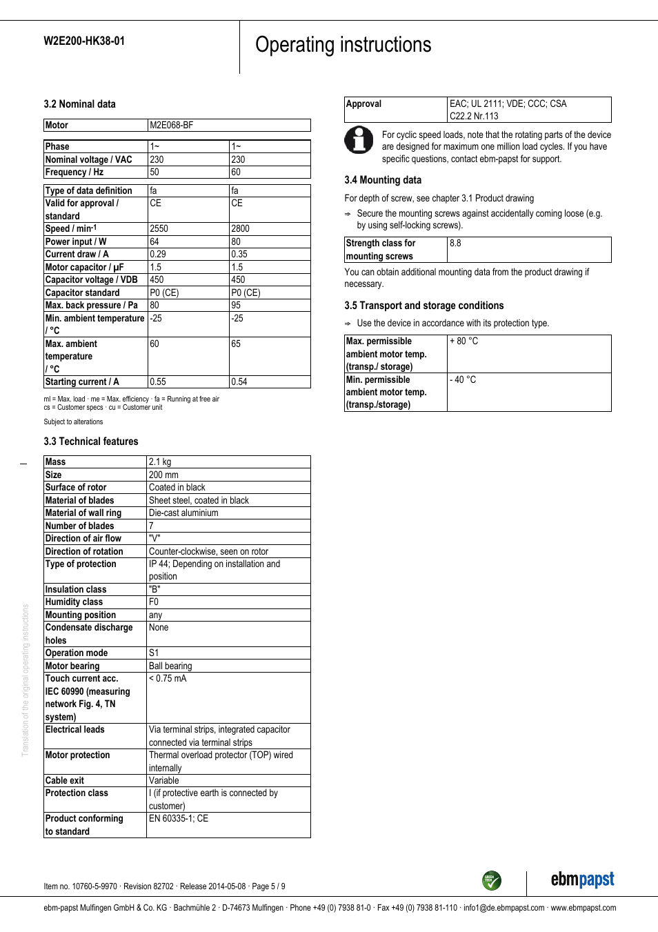 Operating instructions | ebm-papst W2E200-HK38-01 User Manual | Page 5 / 9