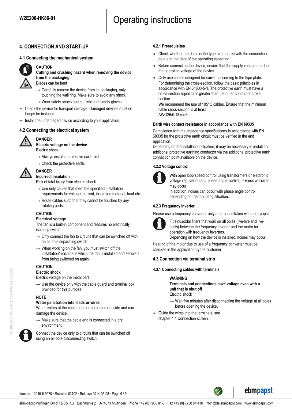 Operating instructions | ebm-papst W2E200-HK86-01 User Manual | Page 6 / 9