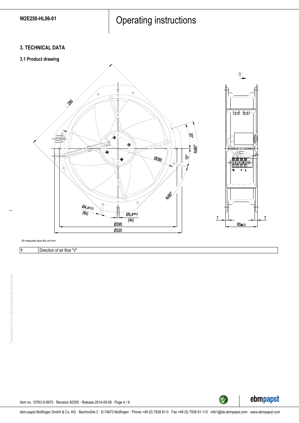 Operating instructions | ebm-papst W2E250-HL06-01 User Manual | Page 4 / 9