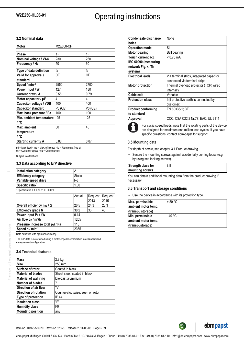 Operating instructions | ebm-papst W2E250-HL06-01 User Manual | Page 5 / 9