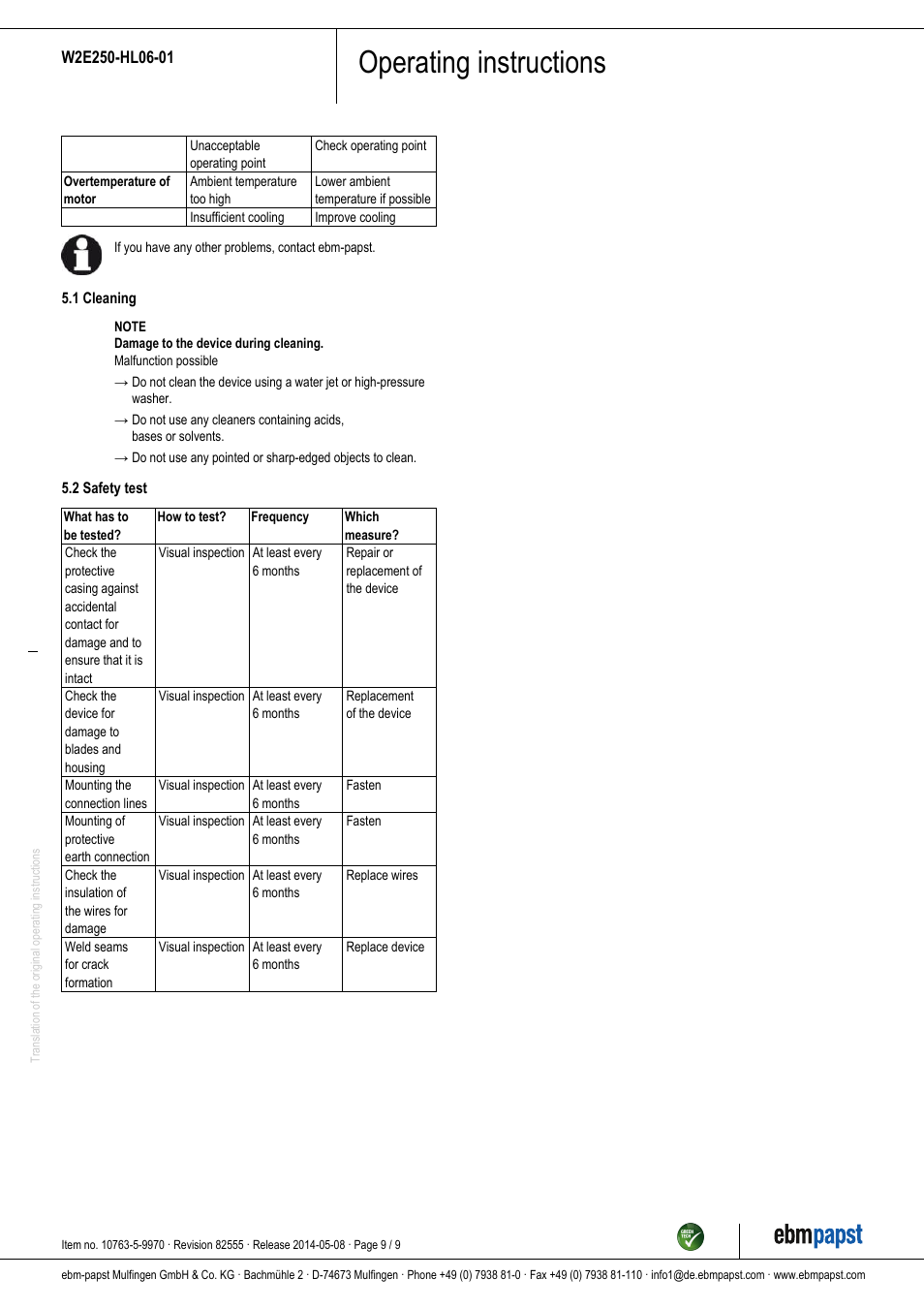 Operating instructions | ebm-papst W2E250-HL06-01 User Manual | Page 9 / 9