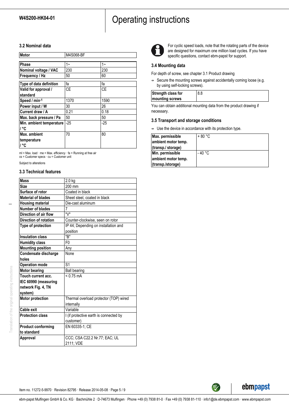 Operating instructions | ebm-papst W4S200-HK04-01 User Manual | Page 5 / 9