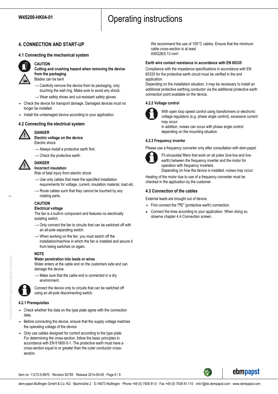 Operating instructions | ebm-papst W4S200-HK04-01 User Manual | Page 6 / 9