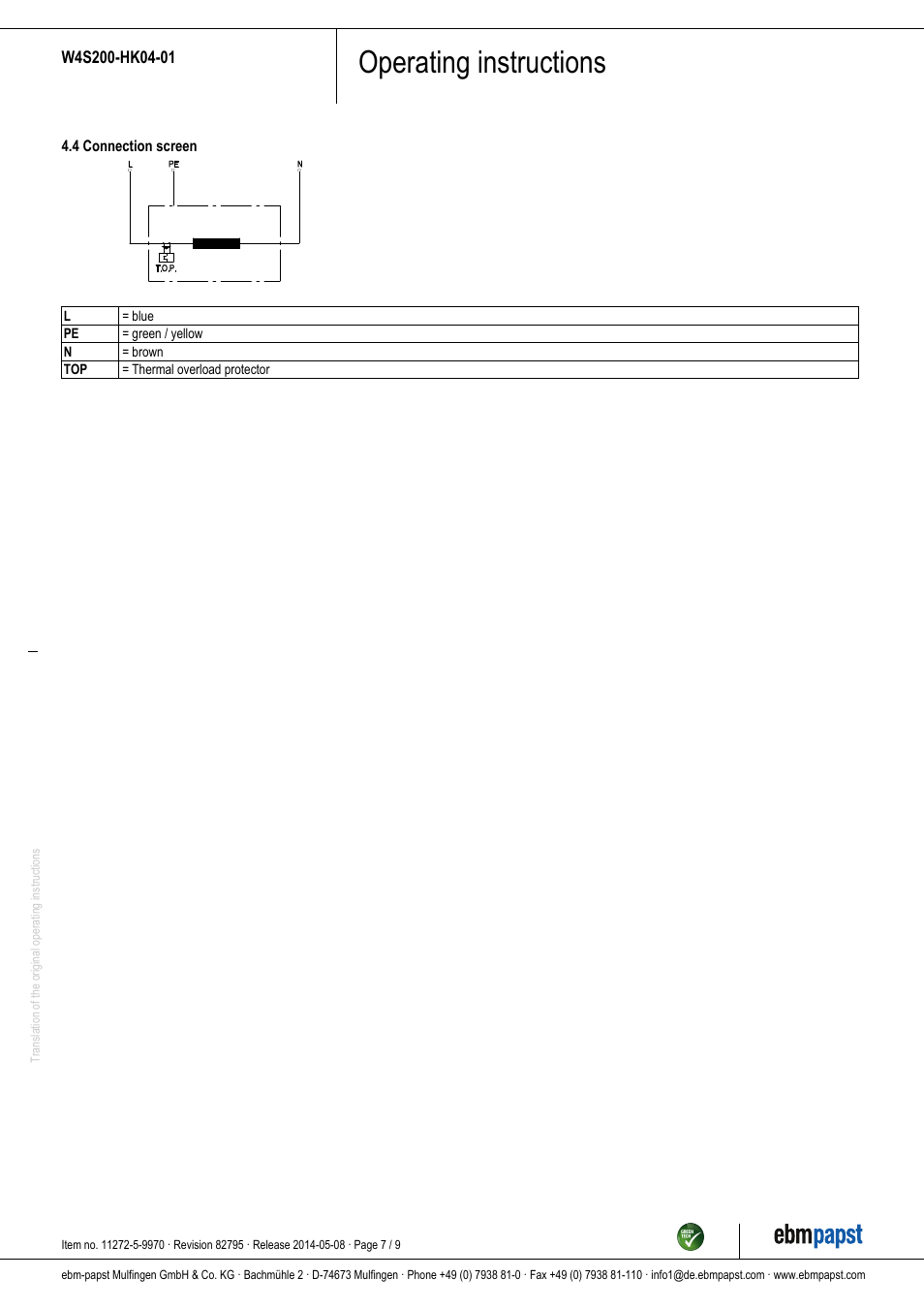 Operating instructions | ebm-papst W4S200-HK04-01 User Manual | Page 7 / 9