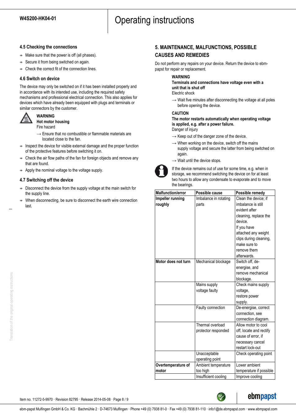 Operating instructions | ebm-papst W4S200-HK04-01 User Manual | Page 8 / 9