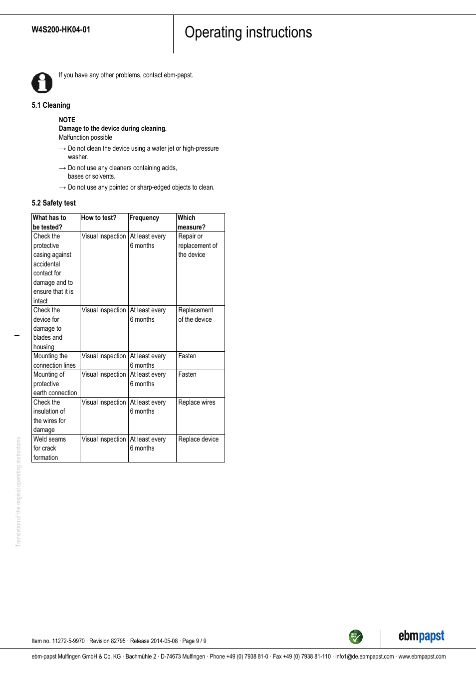 Operating instructions | ebm-papst W4S200-HK04-01 User Manual | Page 9 / 9