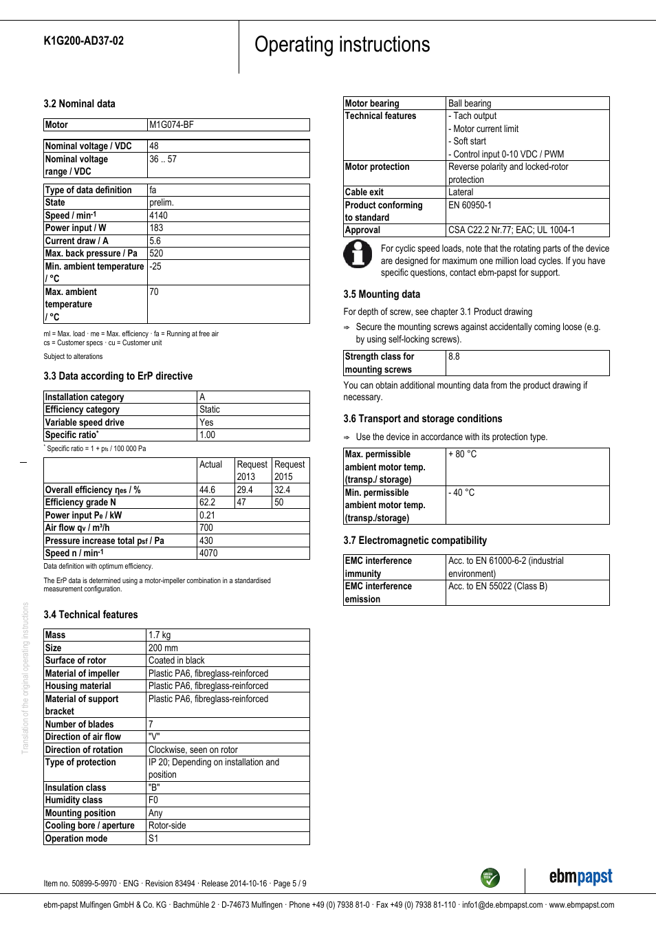 Operating instructions | ebm-papst K1G200-AD37-02 User Manual | Page 5 / 9