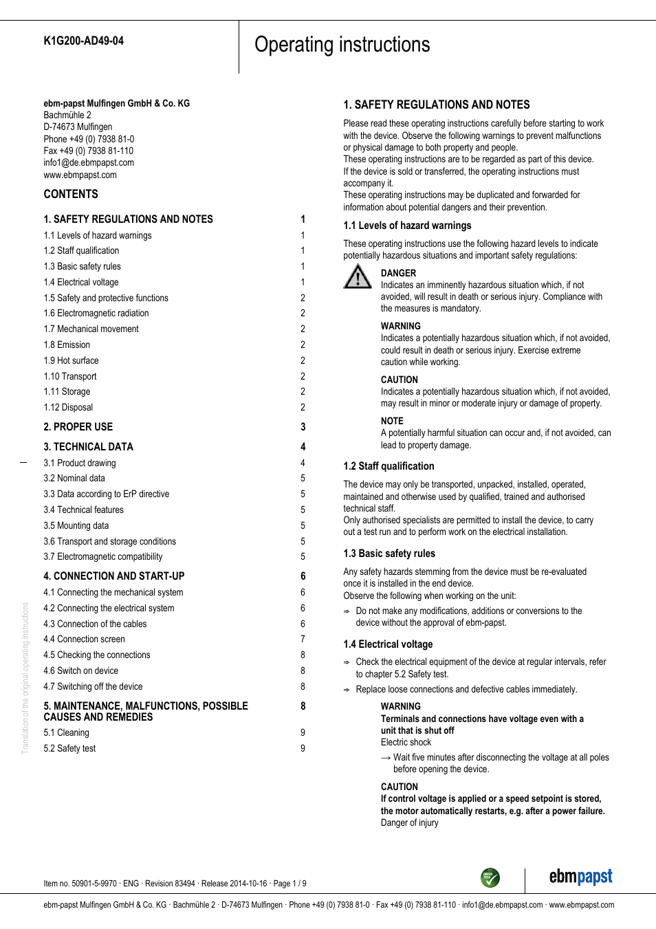 ebm-papst K1G200-AD49-04 User Manual | 9 pages