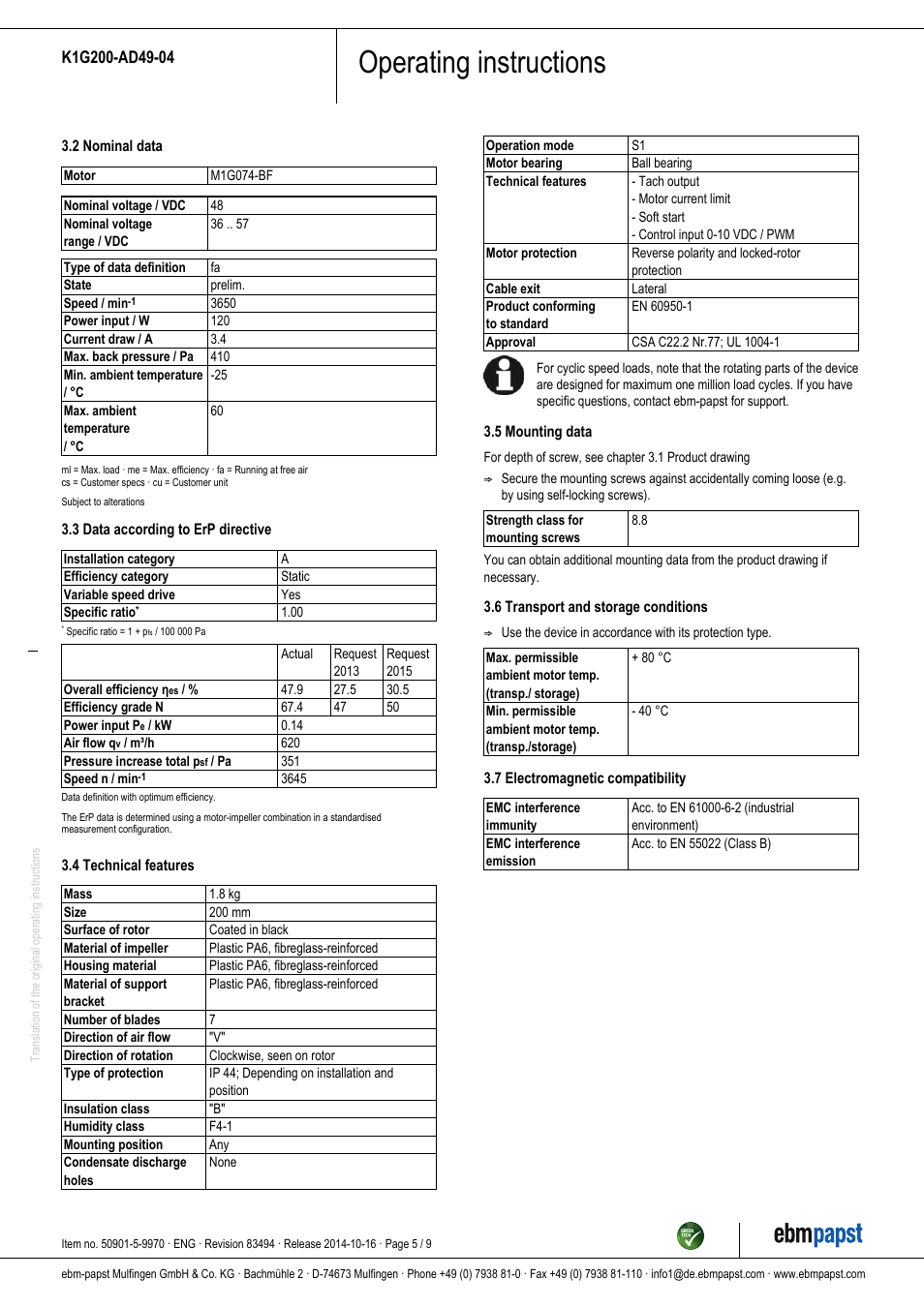 Operating instructions | ebm-papst K1G200-AD49-04 User Manual | Page 5 / 9
