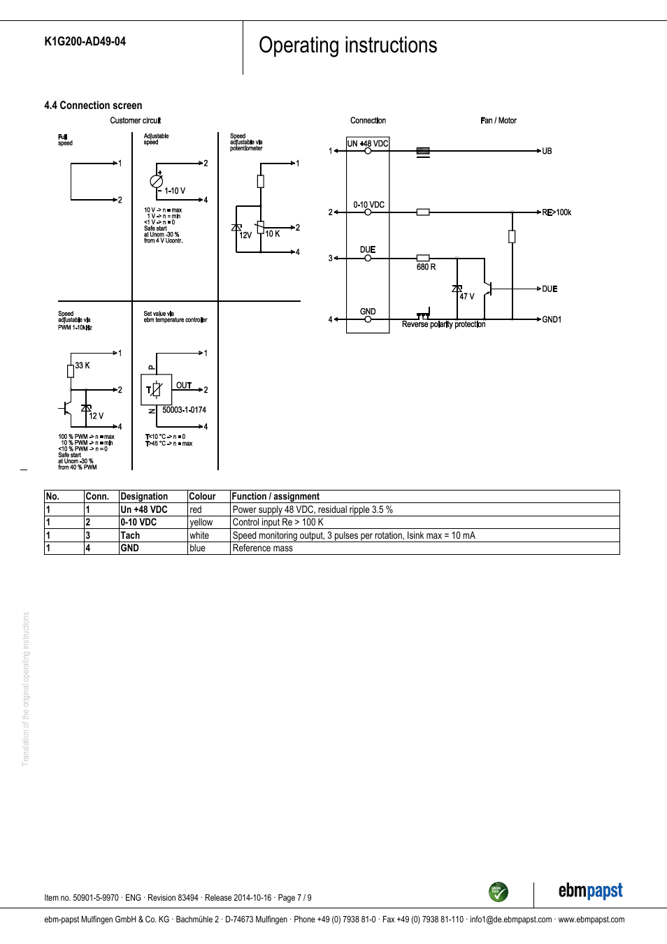 Operating instructions | ebm-papst K1G200-AD49-04 User Manual | Page 7 / 9
