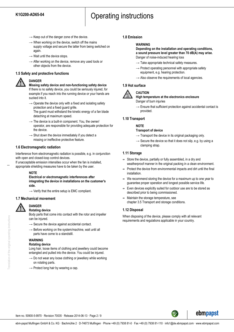 Operating instructions | ebm-papst K1G200-AD65-04 User Manual | Page 2 / 9