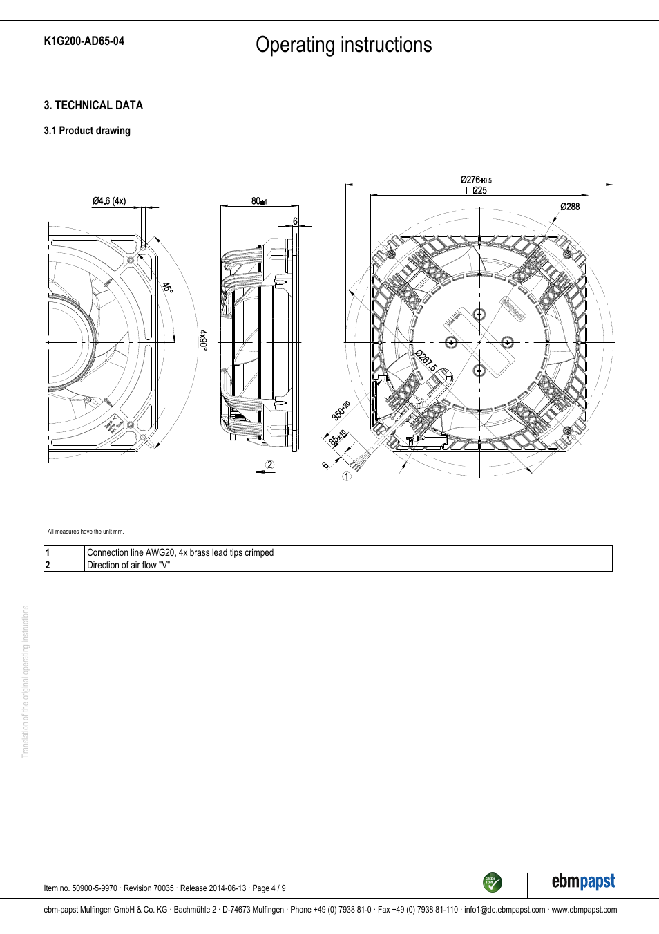 Operating instructions | ebm-papst K1G200-AD65-04 User Manual | Page 4 / 9
