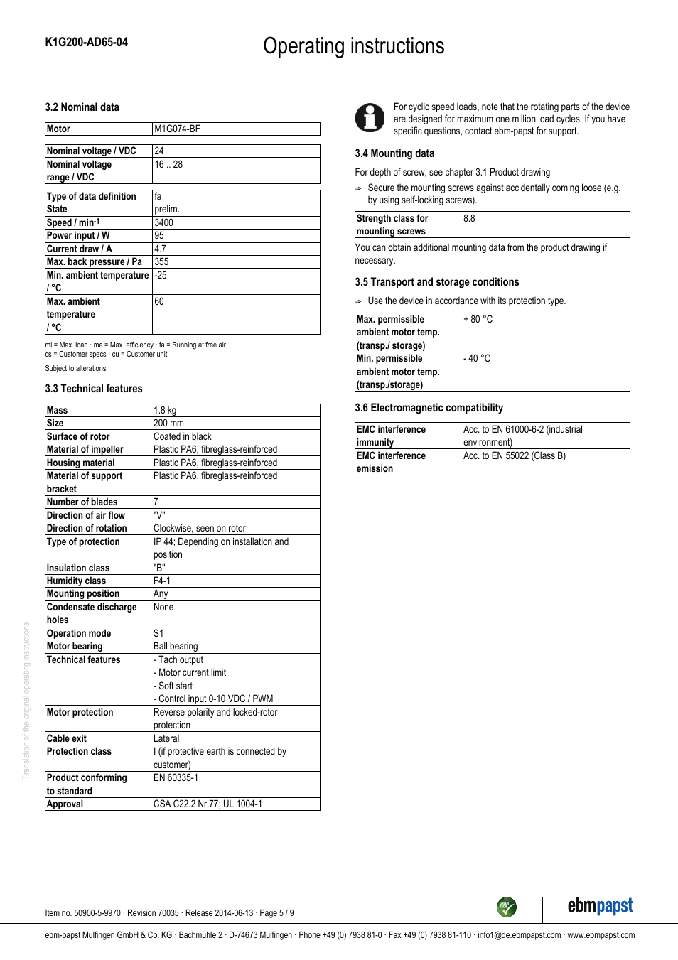 Operating instructions | ebm-papst K1G200-AD65-04 User Manual | Page 5 / 9