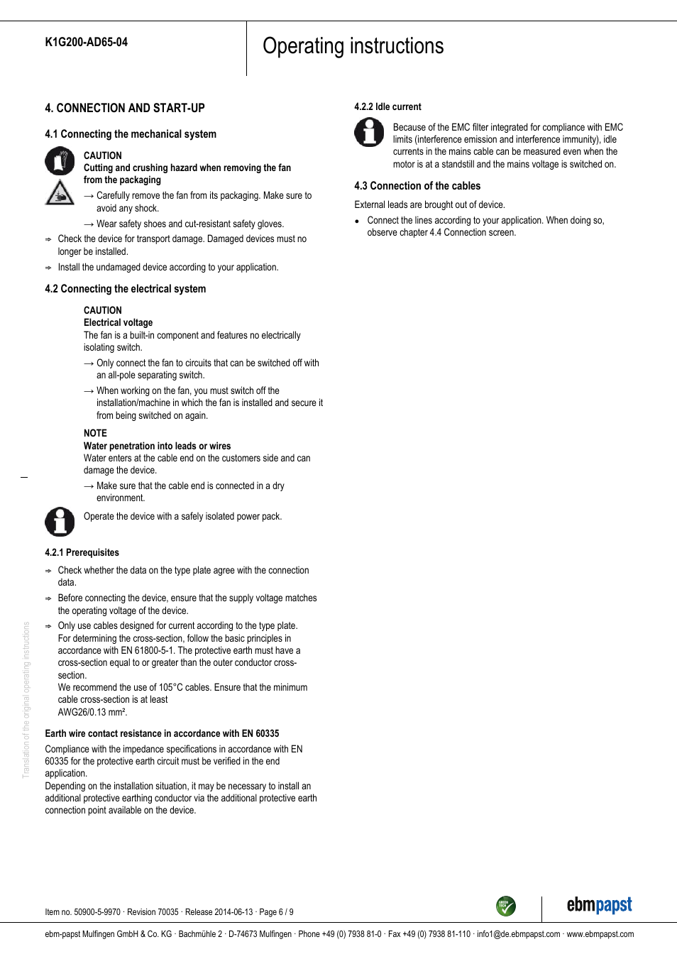 Operating instructions | ebm-papst K1G200-AD65-04 User Manual | Page 6 / 9