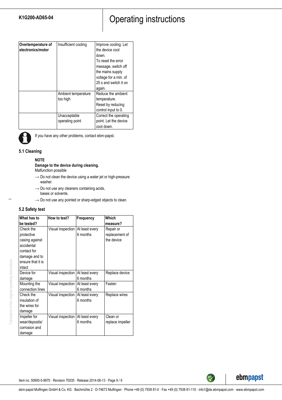 Operating instructions | ebm-papst K1G200-AD65-04 User Manual | Page 9 / 9