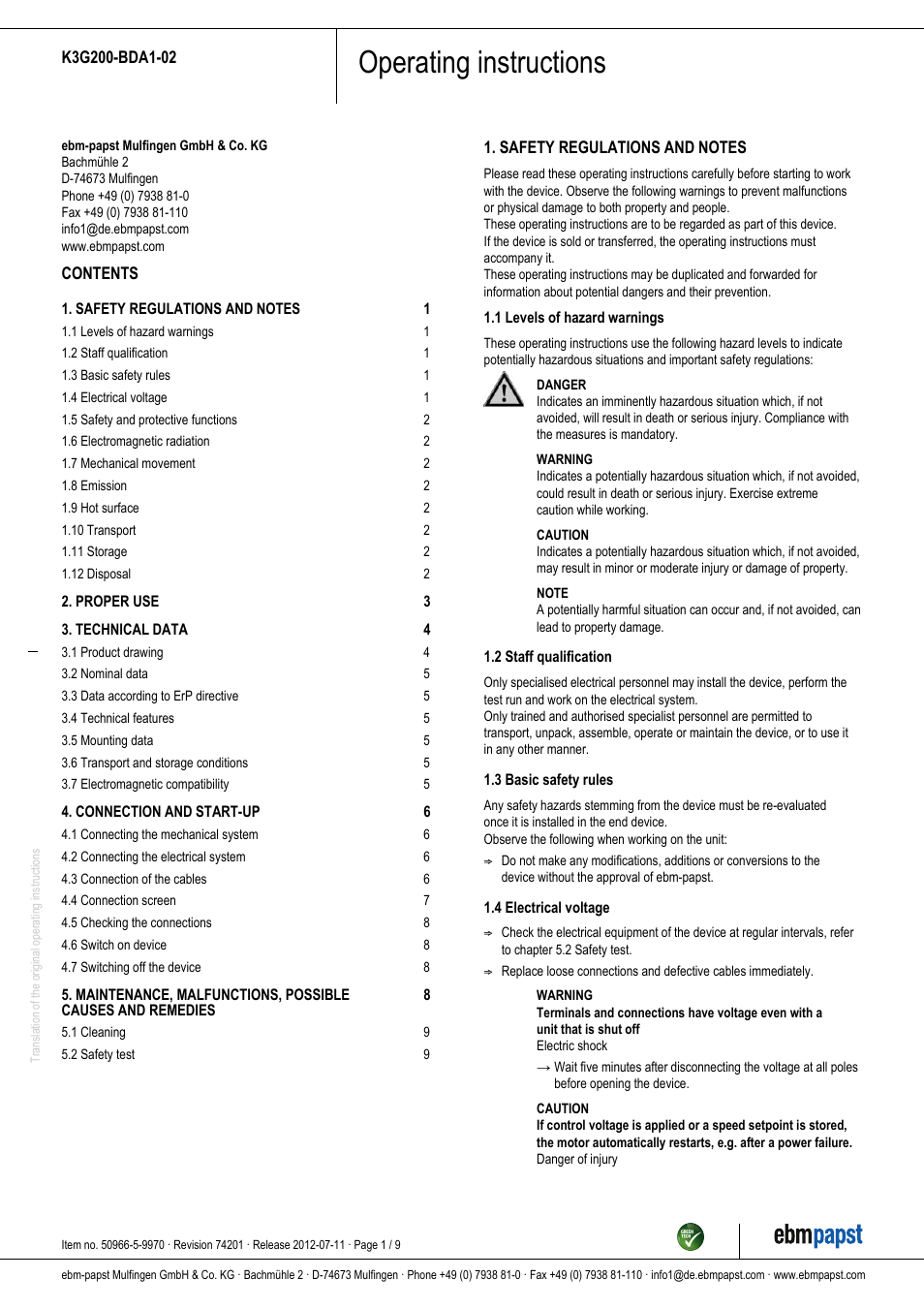 ebm-papst K3G200-BDA1-02 User Manual | 9 pages