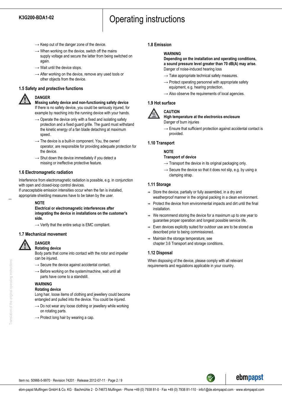 Operating instructions | ebm-papst K3G200-BDA1-02 User Manual | Page 2 / 9