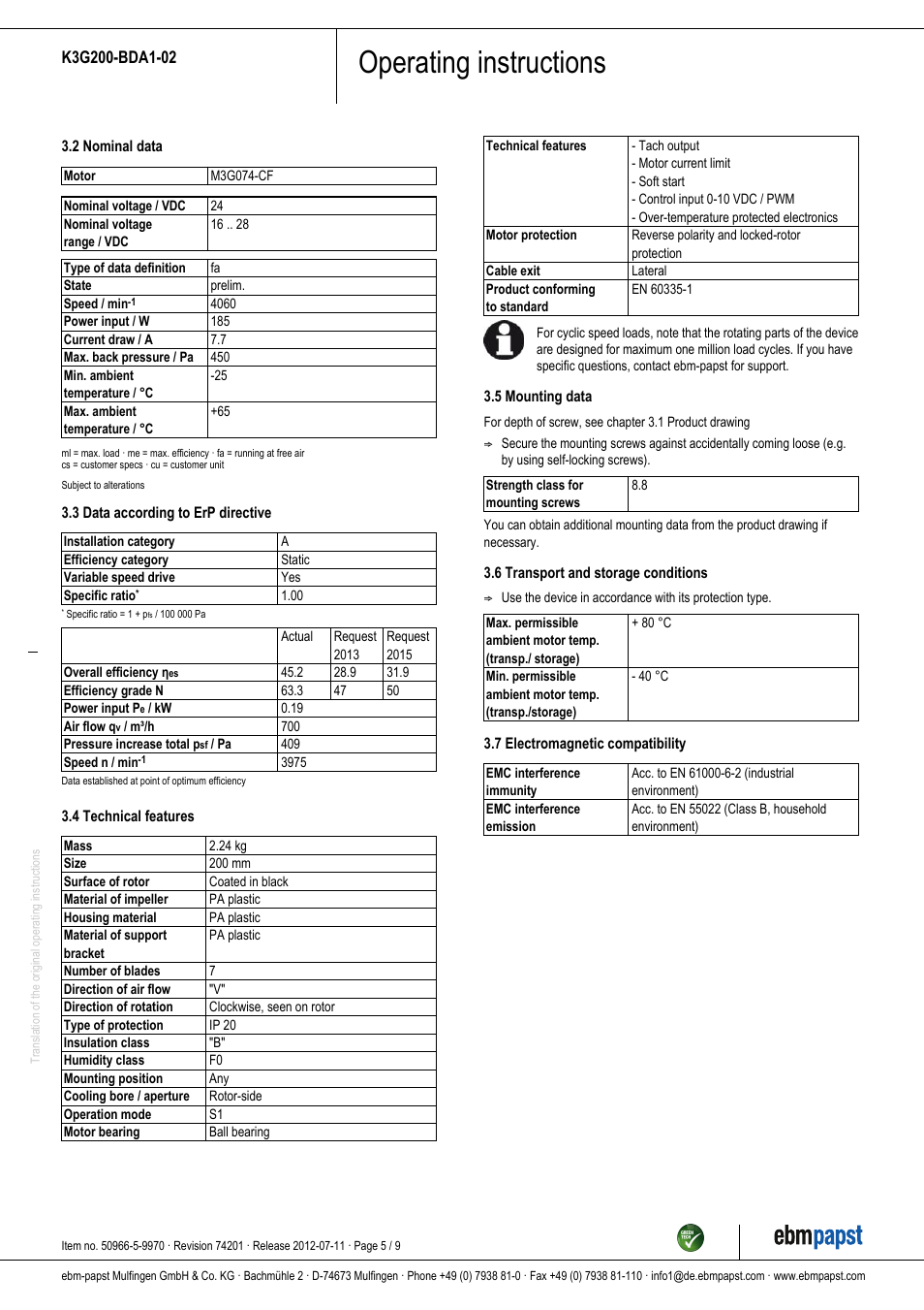 Operating instructions | ebm-papst K3G200-BDA1-02 User Manual | Page 5 / 9