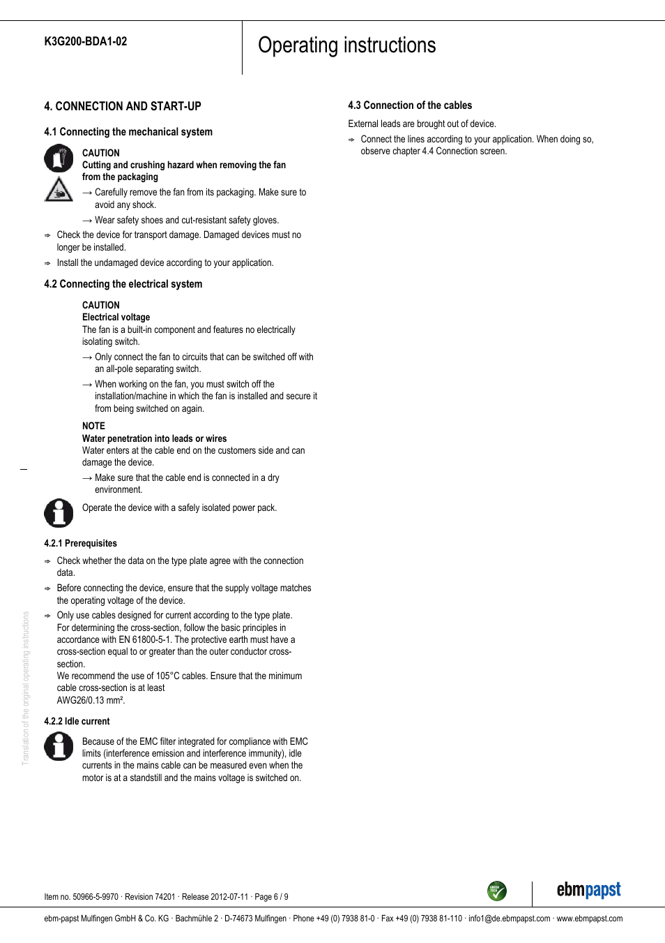 Operating instructions | ebm-papst K3G200-BDA1-02 User Manual | Page 6 / 9