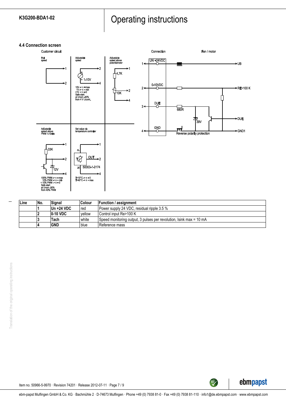 Operating instructions | ebm-papst K3G200-BDA1-02 User Manual | Page 7 / 9