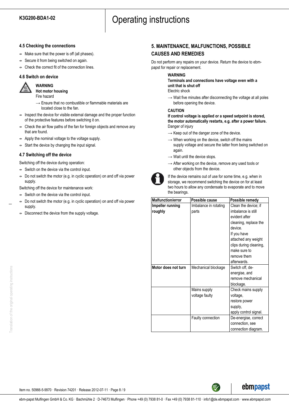 Operating instructions | ebm-papst K3G200-BDA1-02 User Manual | Page 8 / 9