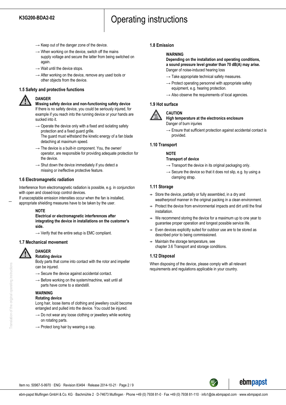 Operating instructions | ebm-papst K3G200-BDA2-02 User Manual | Page 2 / 9