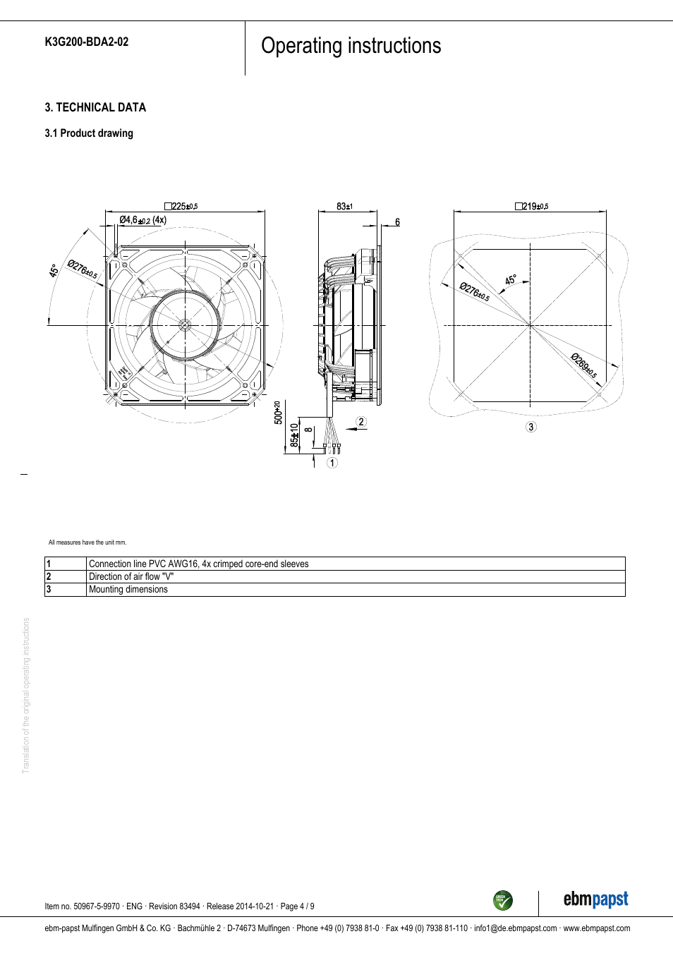 Operating instructions | ebm-papst K3G200-BDA2-02 User Manual | Page 4 / 9