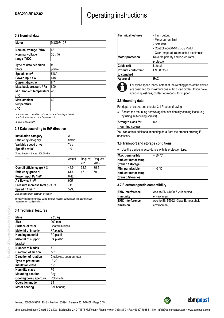 Operating instructions | ebm-papst K3G200-BDA2-02 User Manual | Page 5 / 9