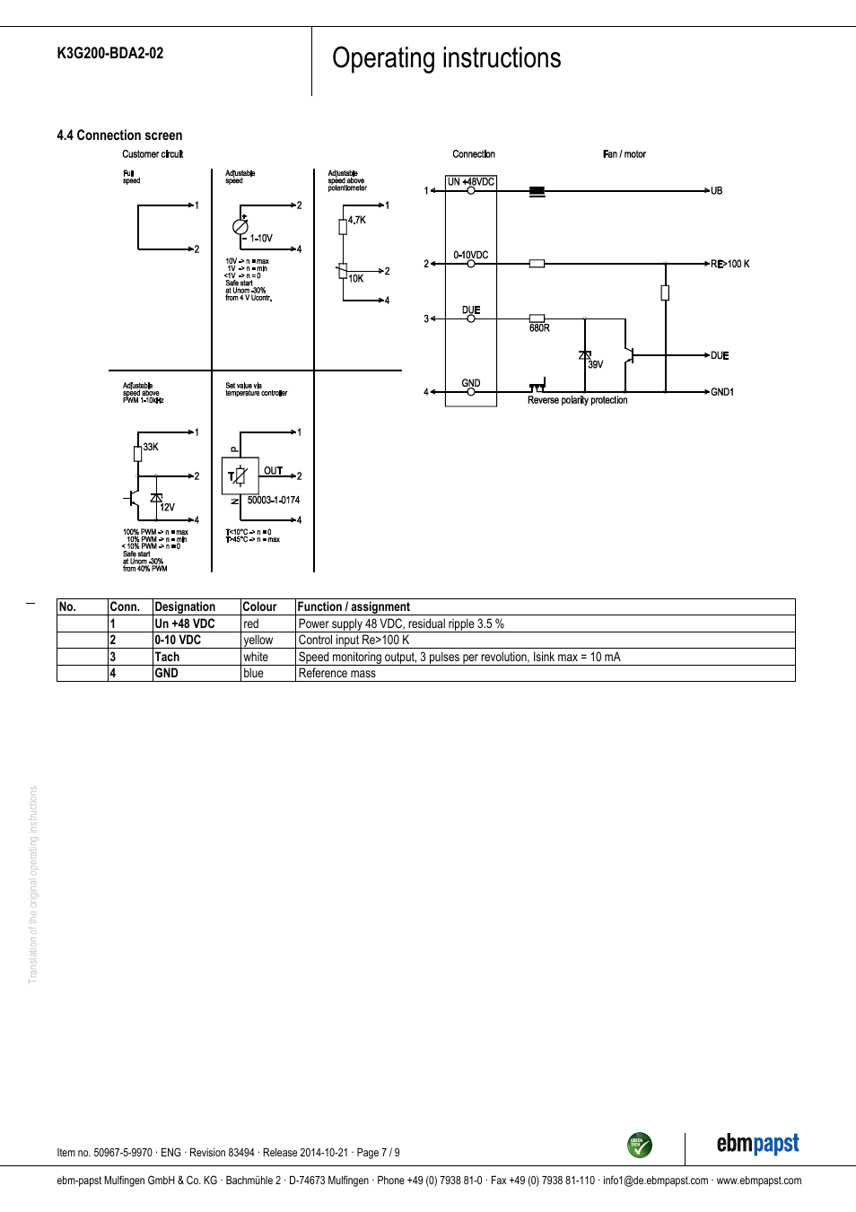 Operating instructions | ebm-papst K3G200-BDA2-02 User Manual | Page 7 / 9
