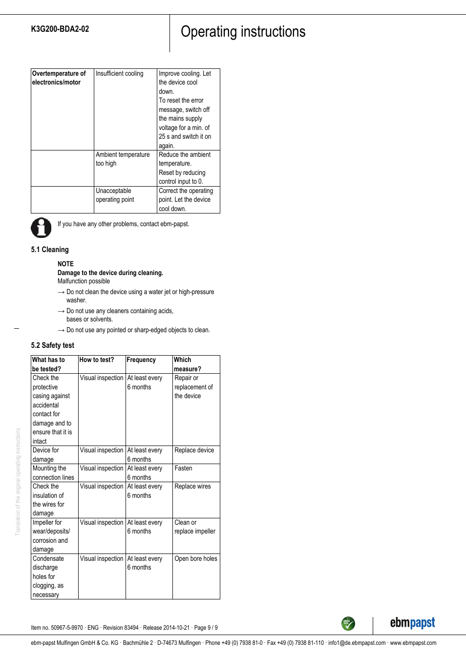 Operating instructions | ebm-papst K3G200-BDA2-02 User Manual | Page 9 / 9