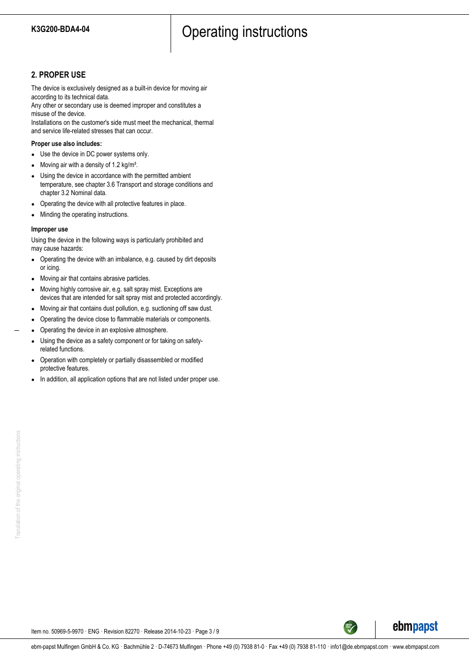 Operating instructions, Proper use | ebm-papst K3G200-BDA4-04 User Manual | Page 3 / 9