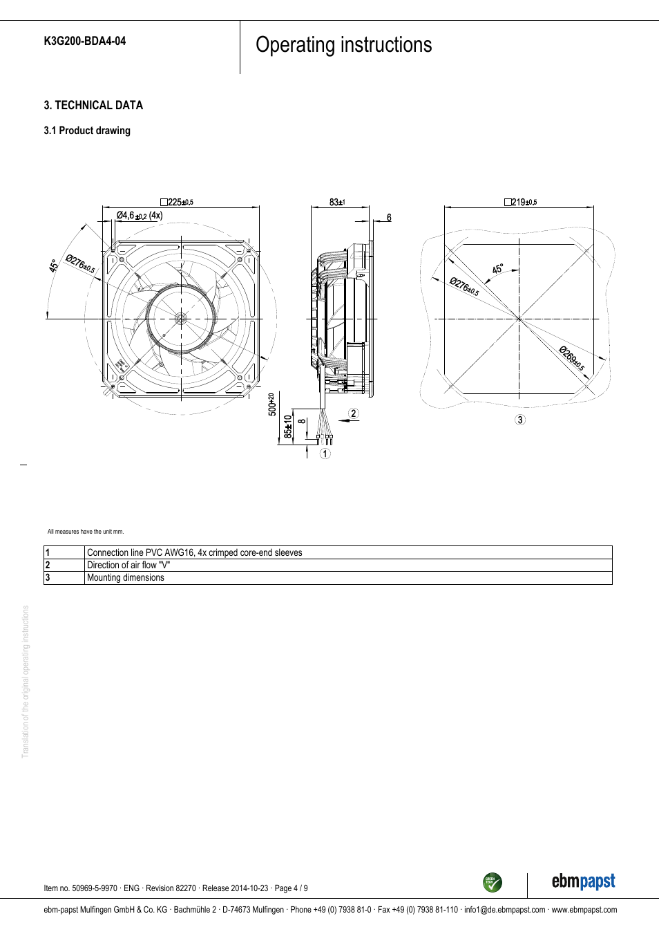 Operating instructions | ebm-papst K3G200-BDA4-04 User Manual | Page 4 / 9