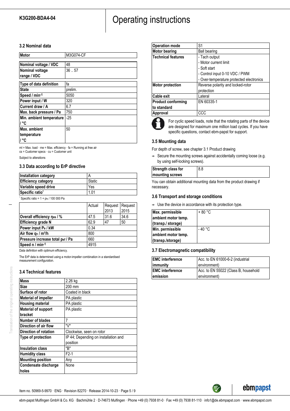 Operating instructions | ebm-papst K3G200-BDA4-04 User Manual | Page 5 / 9