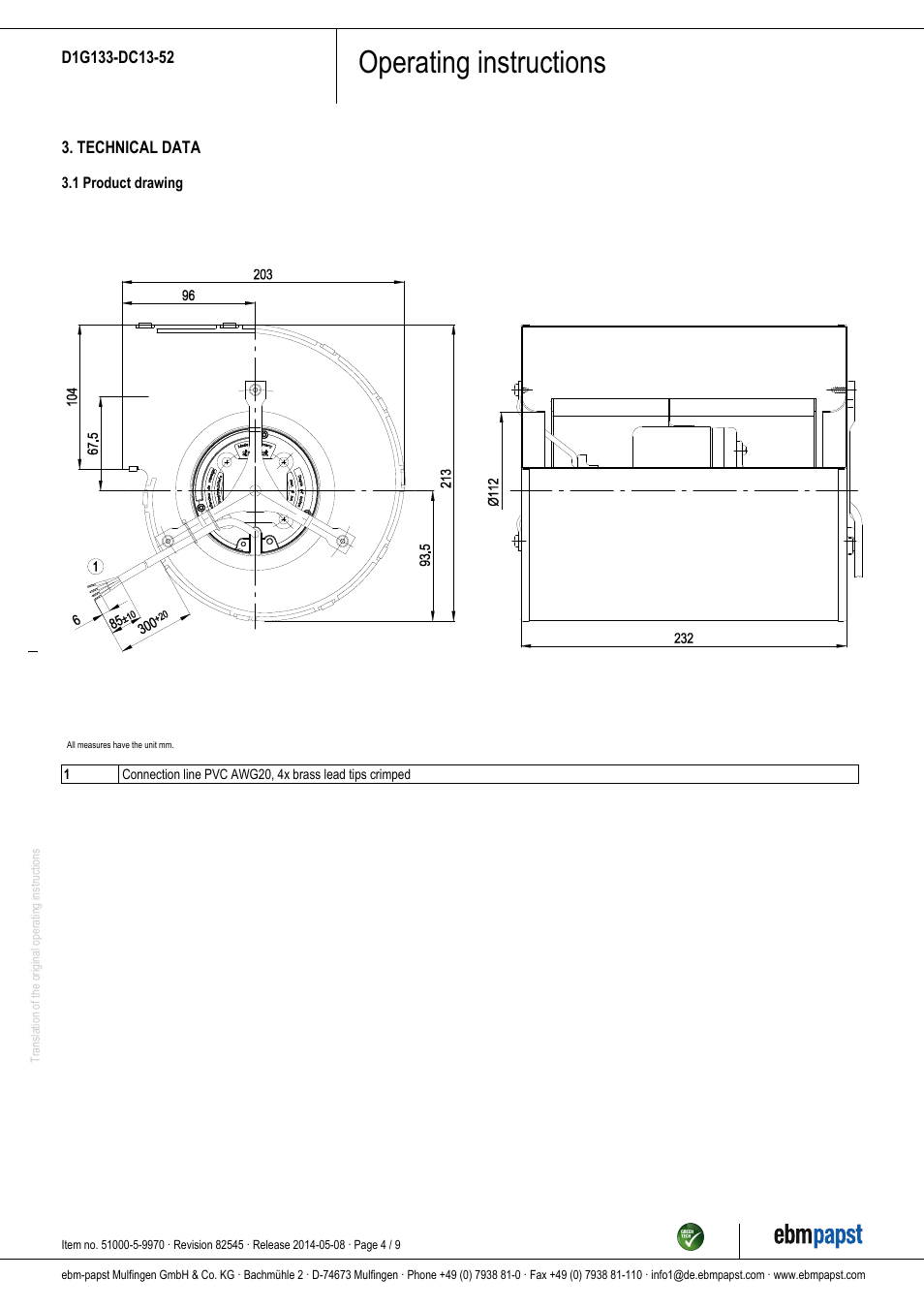 Operating instructions | ebm-papst D1G133-DC13-52 User Manual | Page 4 / 9