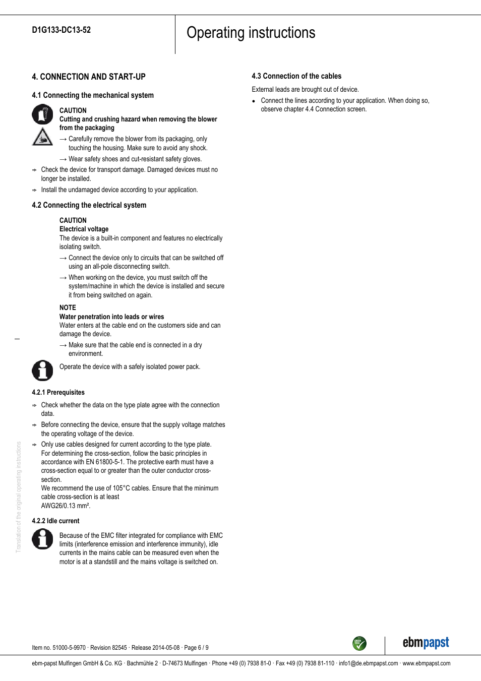 Operating instructions | ebm-papst D1G133-DC13-52 User Manual | Page 6 / 9