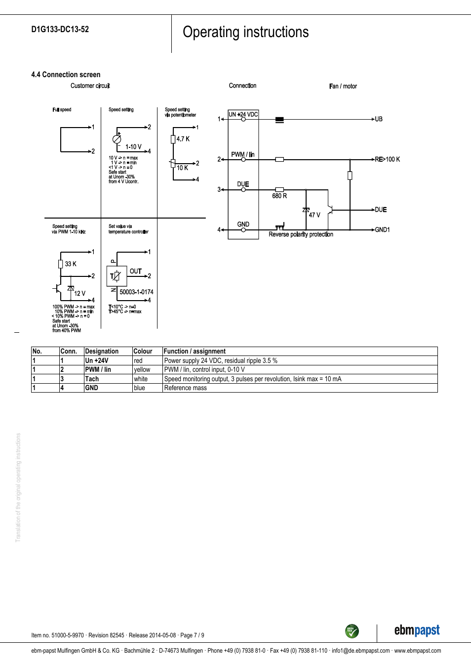 Operating instructions | ebm-papst D1G133-DC13-52 User Manual | Page 7 / 9