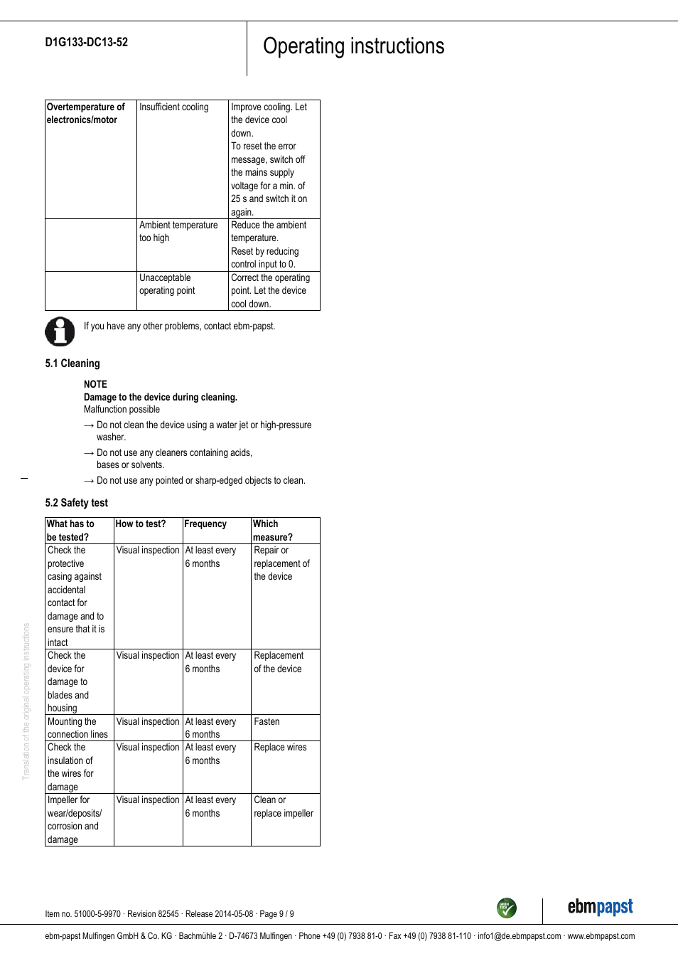 Operating instructions | ebm-papst D1G133-DC13-52 User Manual | Page 9 / 9