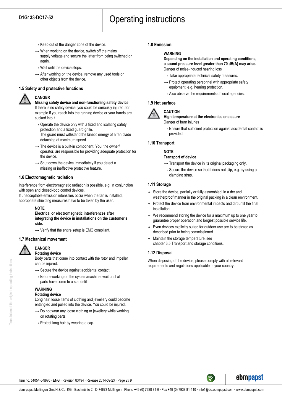 Operating instructions | ebm-papst D1G133-DC17-52 User Manual | Page 2 / 9