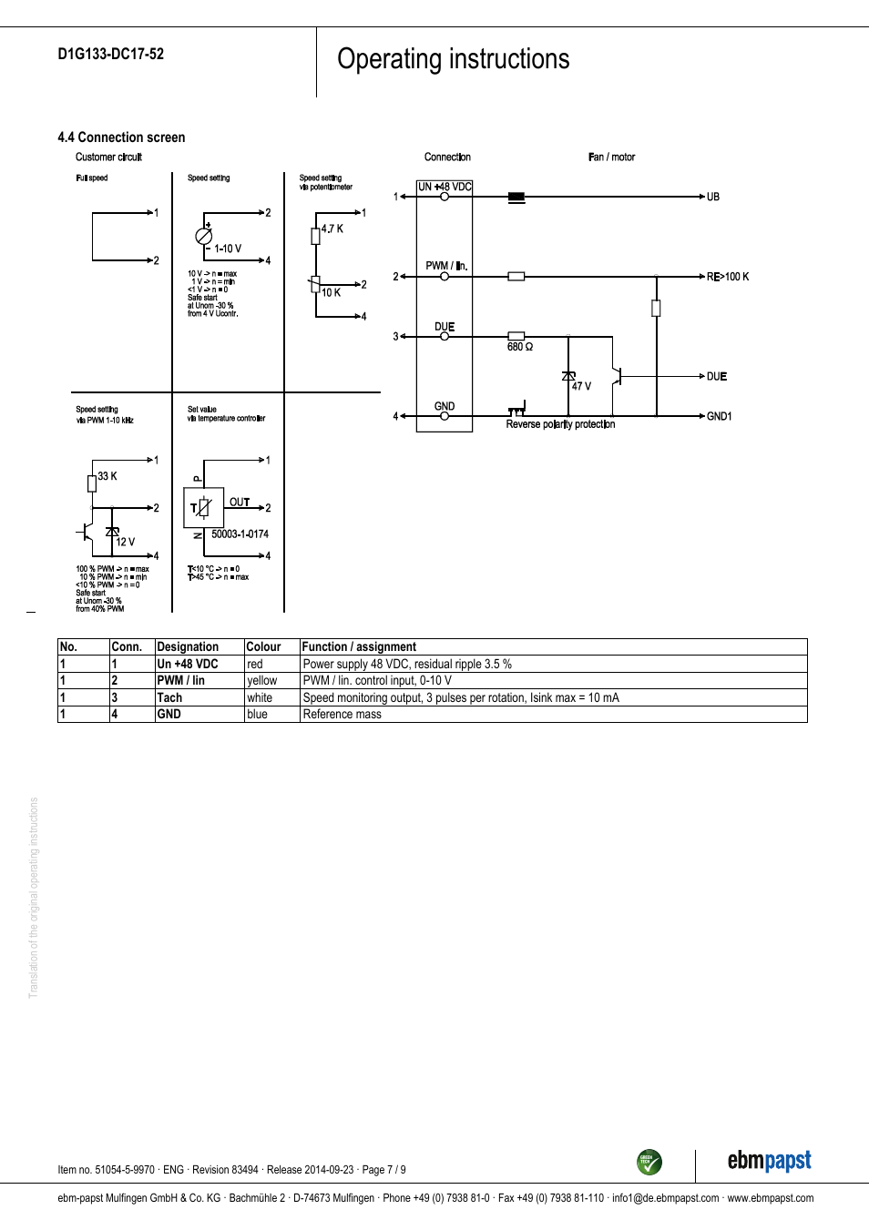 Operating instructions | ebm-papst D1G133-DC17-52 User Manual | Page 7 / 9