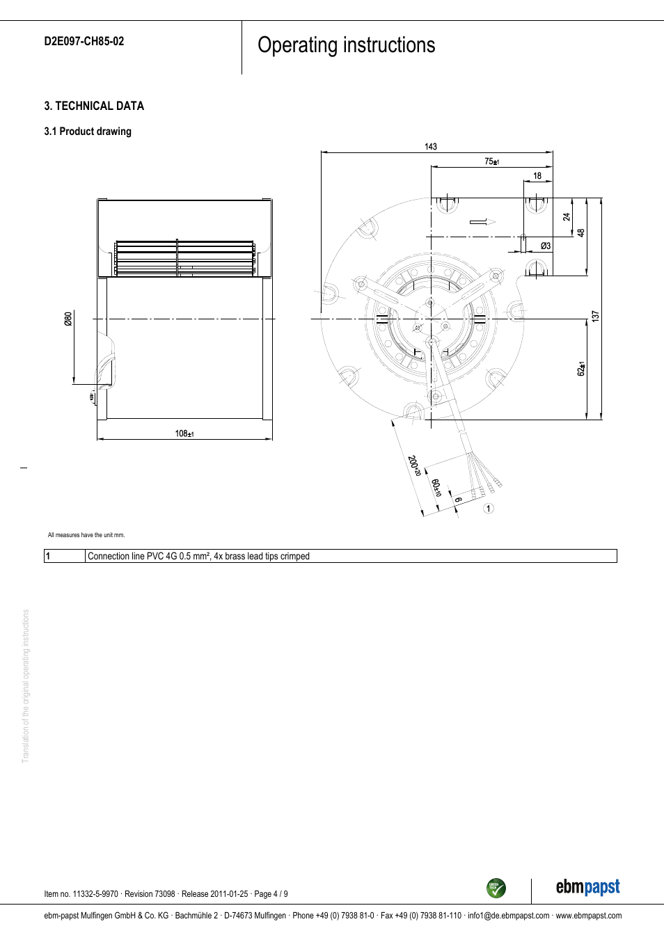 Operating instructions | ebm-papst D2E097-CH85-02 User Manual | Page 4 / 9