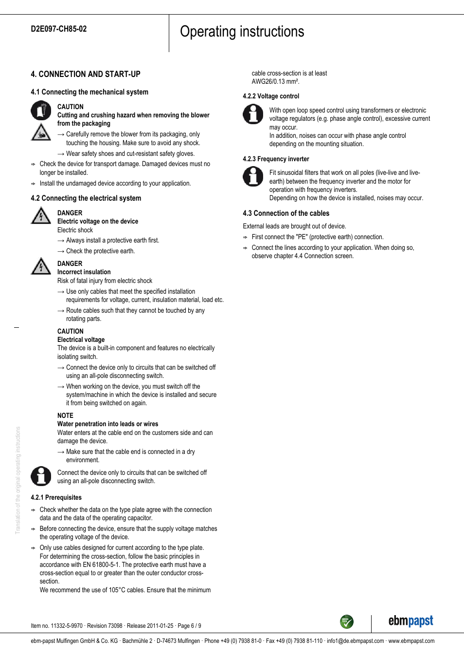 Operating instructions | ebm-papst D2E097-CH85-02 User Manual | Page 6 / 9