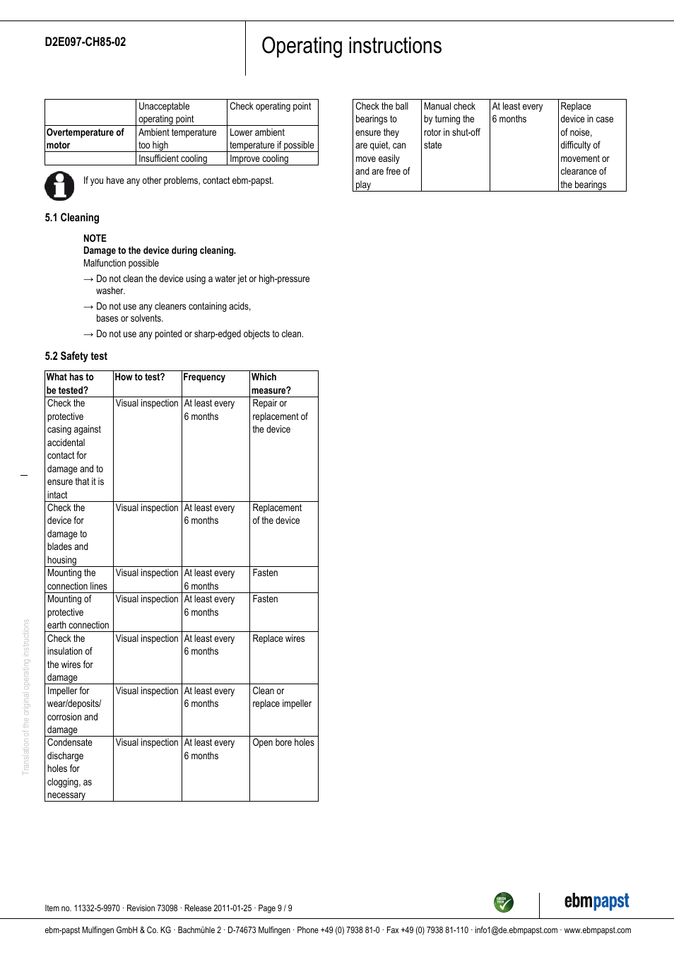 Operating instructions | ebm-papst D2E097-CH85-02 User Manual | Page 9 / 9