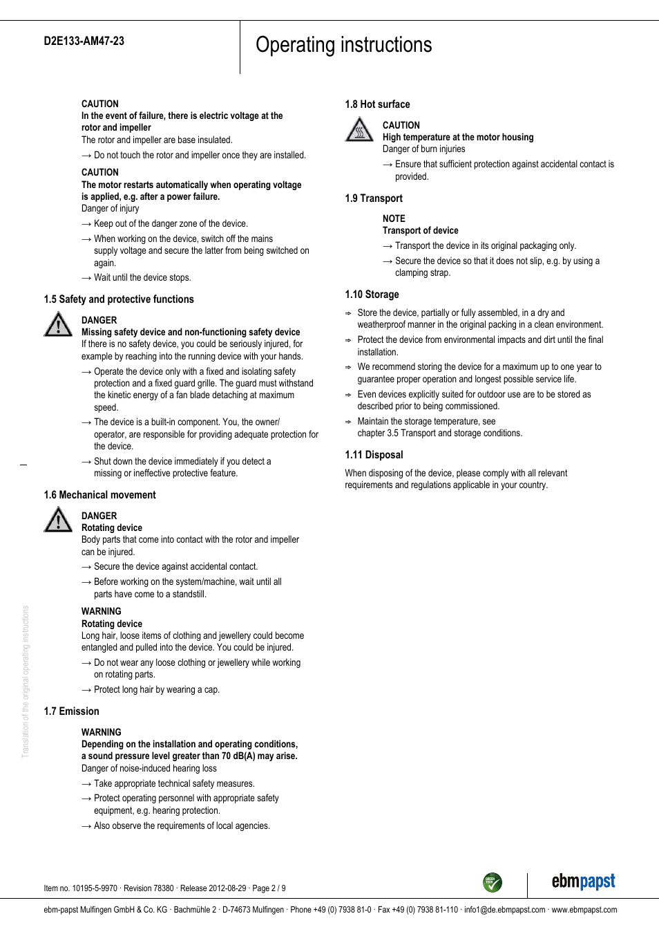 Operating instructions | ebm-papst D2E133-AM47-23 User Manual | Page 2 / 9