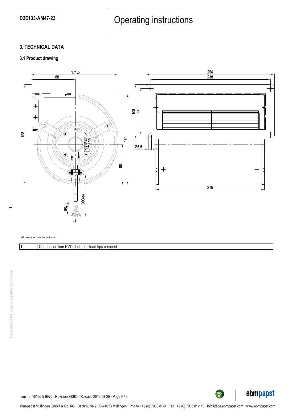 Operating instructions | ebm-papst D2E133-AM47-23 User Manual | Page 4 / 9