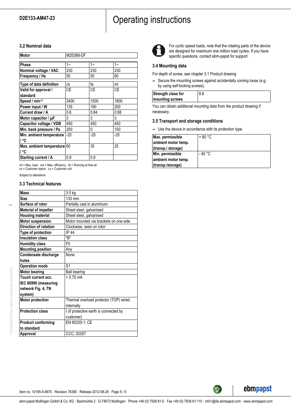 Operating instructions | ebm-papst D2E133-AM47-23 User Manual | Page 5 / 9