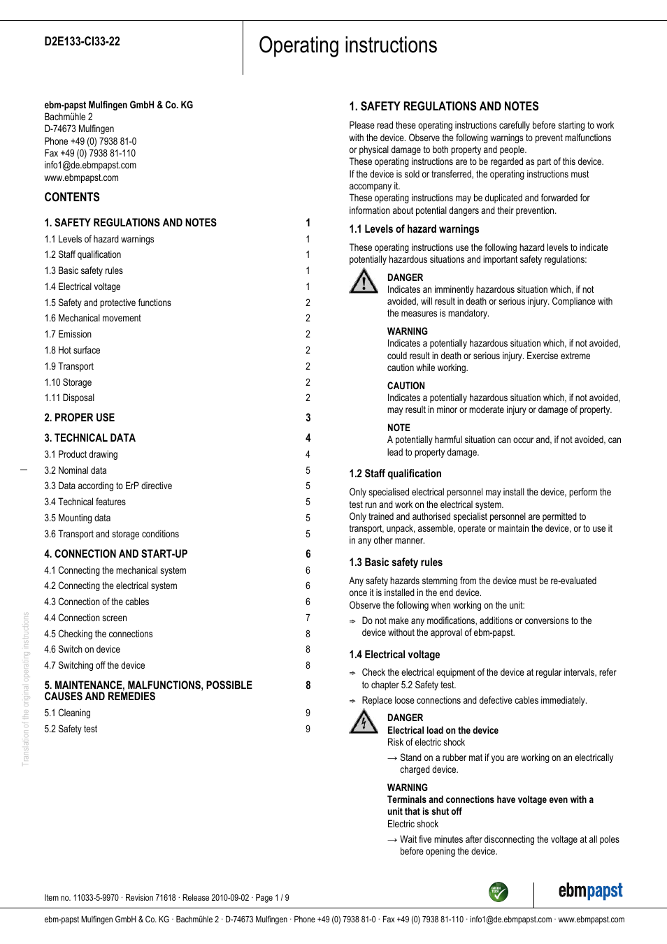 ebm-papst D2E133-CI33-22 User Manual | 9 pages