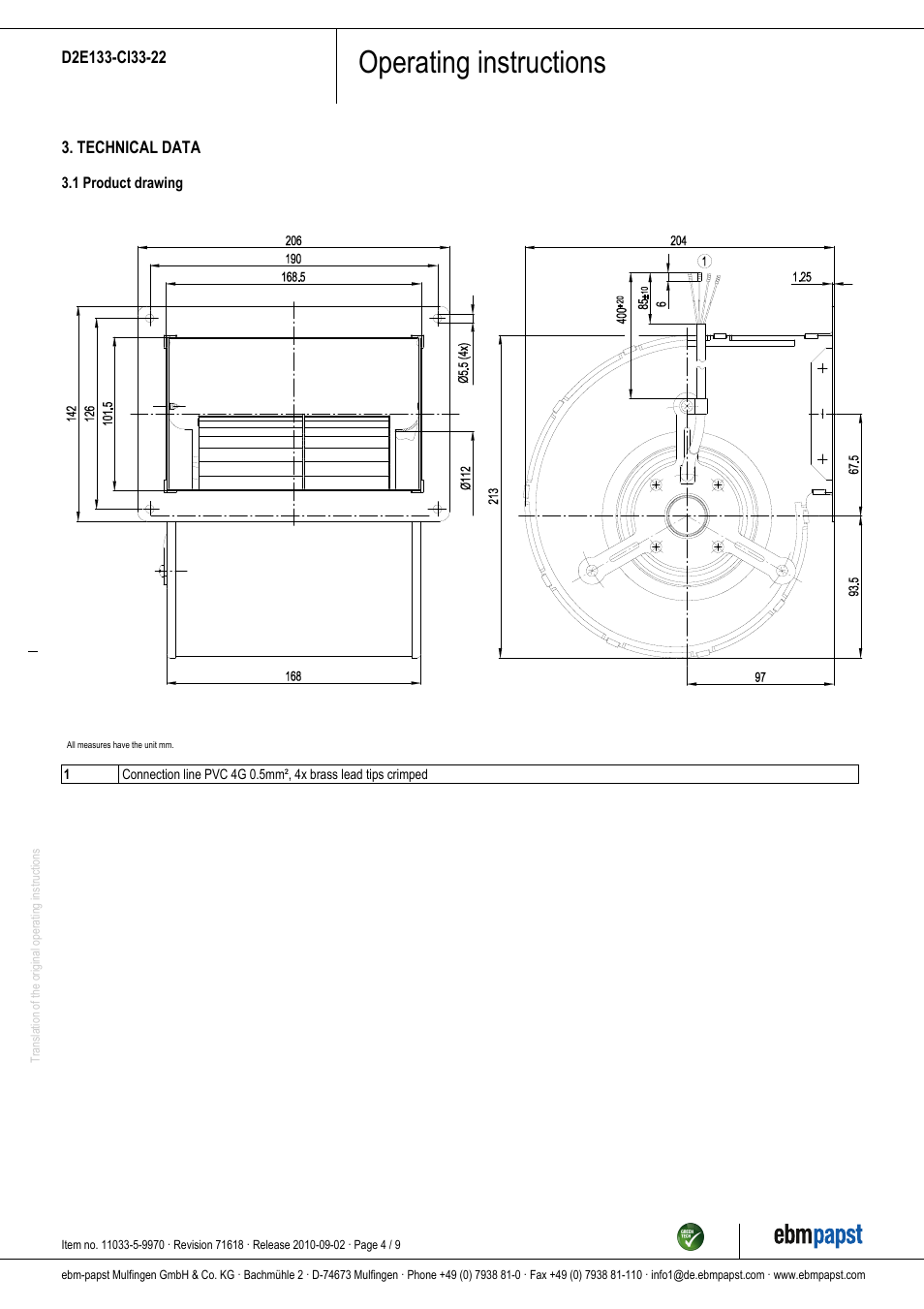Operating instructions | ebm-papst D2E133-CI33-22 User Manual | Page 4 / 9