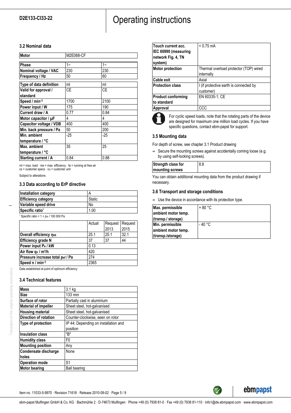 Operating instructions | ebm-papst D2E133-CI33-22 User Manual | Page 5 / 9