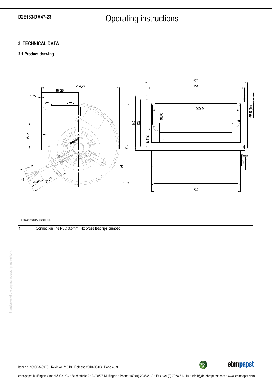 Operating instructions | ebm-papst D2E133-DM47-23 User Manual | Page 4 / 9
